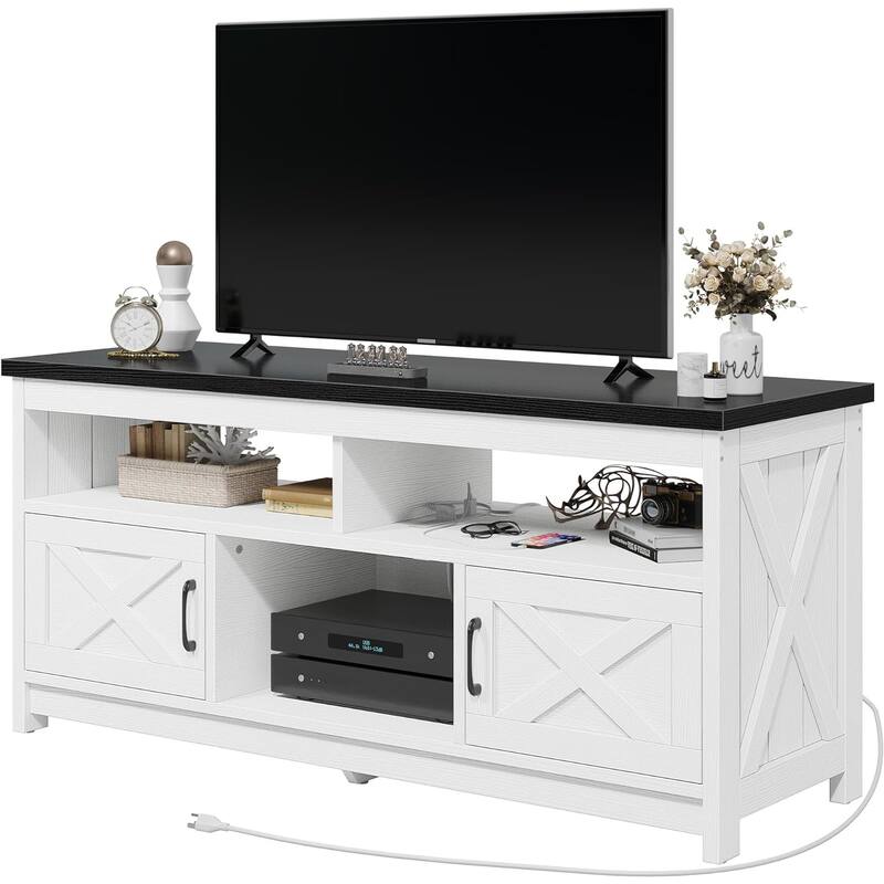 Moasis Farmhouse Barn Door Wood TV Stand with Power Outlet, Entertainment Center with Shelves for TV up to 65" - Black Top/White