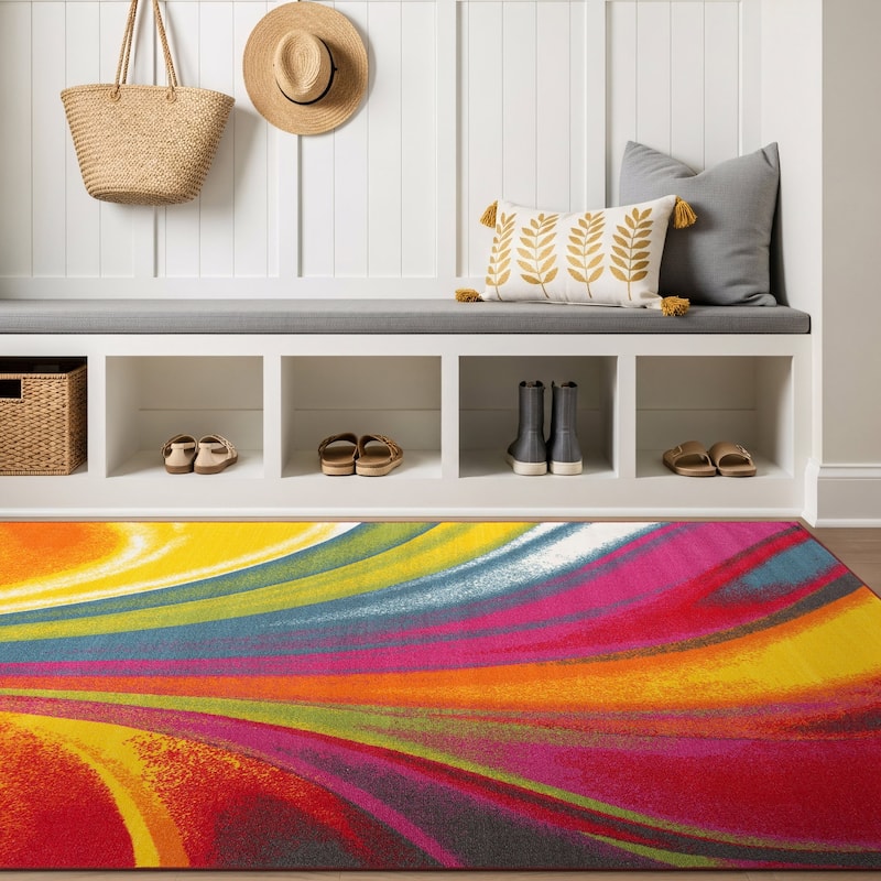 World Rug Gallery Modern Contemporary Waves Multicolored Non-slip Non-skid Area Rug