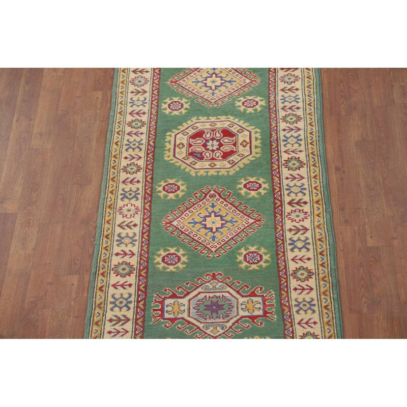 Green Geometric Kazak Runner Rug Handmade Wool Carpet - 2'8" x 16'2"