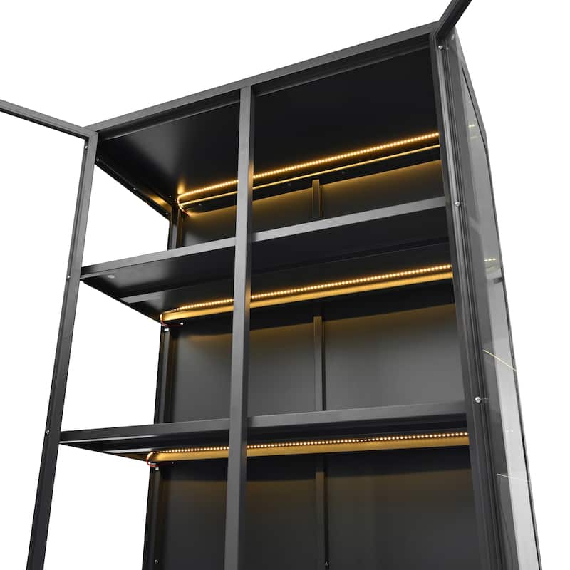 76.75'' Tall Double Glass Doors Display Cabinet LED Lights Steel Curio Cabinet 3-Sided Glass Display Case Lockers