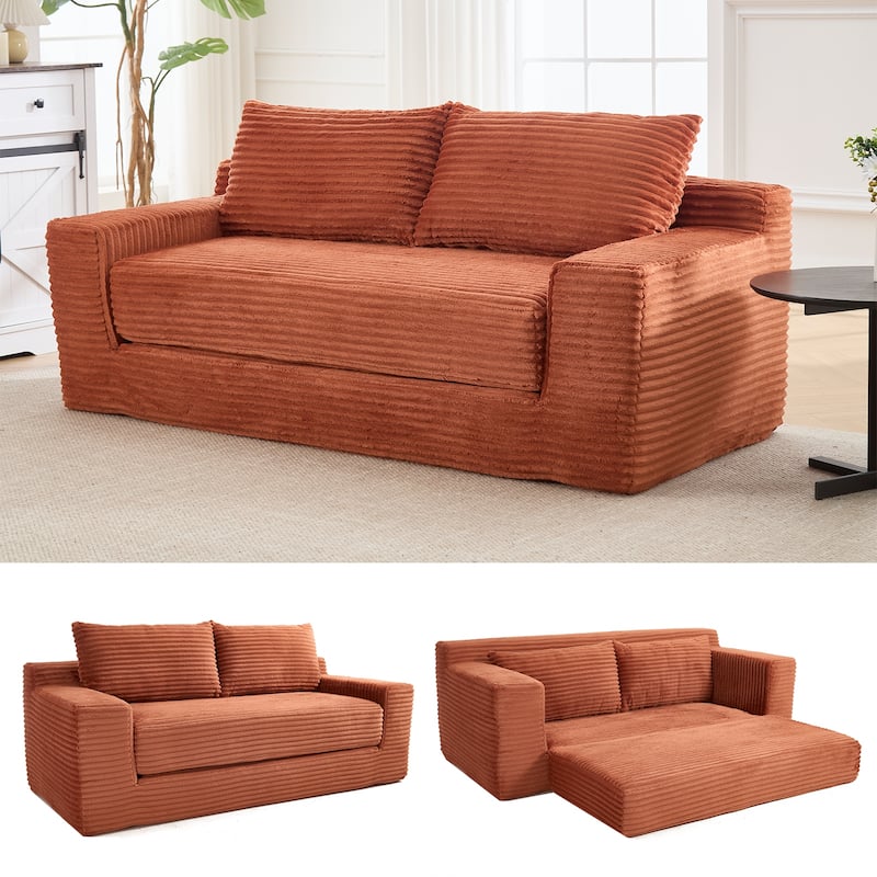 Corduroy 2-in-1 Convertible Loveseat Sofa Upholstered Deep Seat Sofa w2 Pillows Tufted Couch Livingroom Recliner Sofa