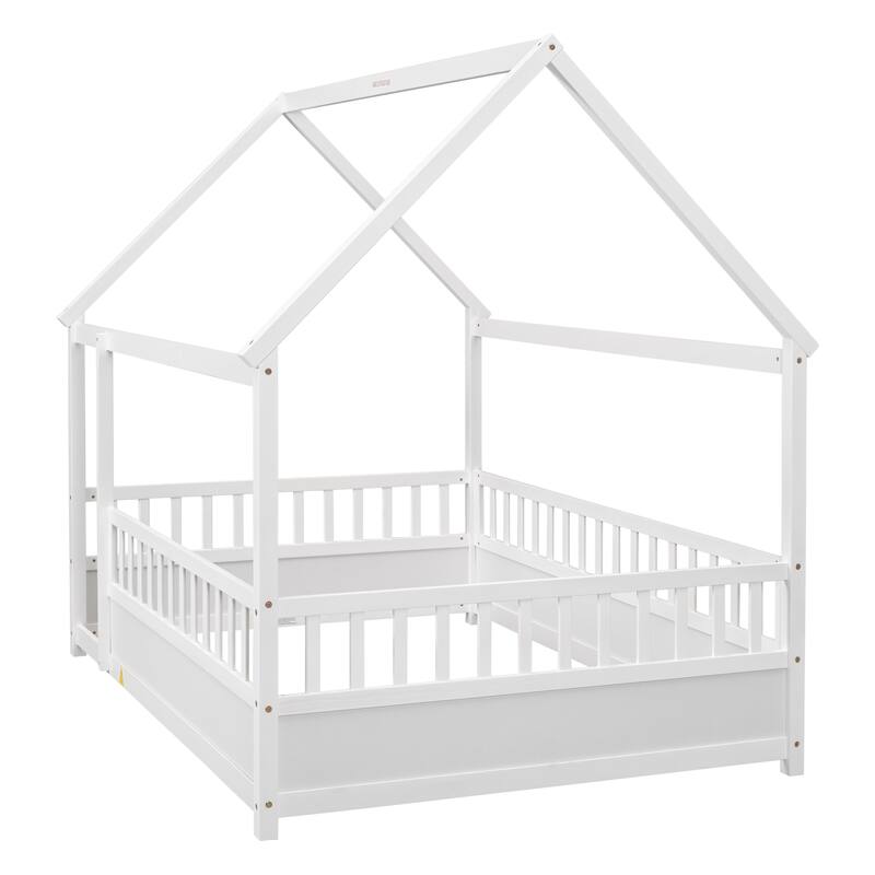 Full Size Pine Wood Floor Bed with House Roof Frame and Guardrails