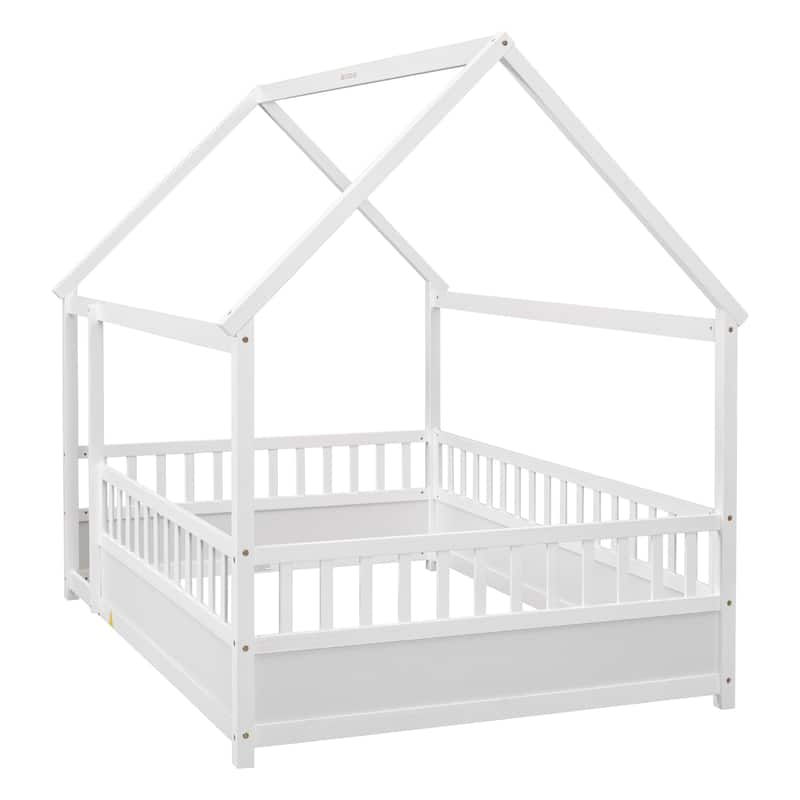 Pine Floor Bed with House Roof & Guardrails