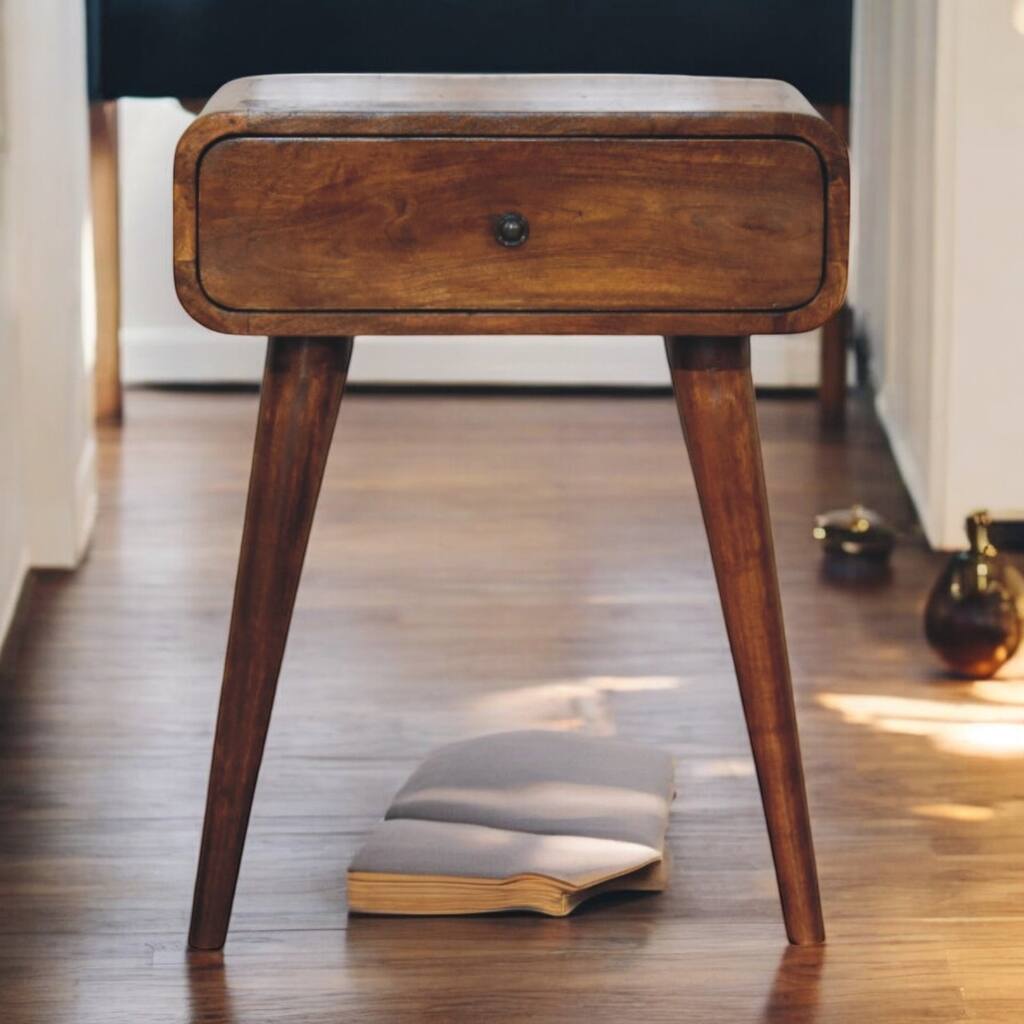 Chestnut Nightstand with Drawer, Nordic Legs, Solid Mango Wood