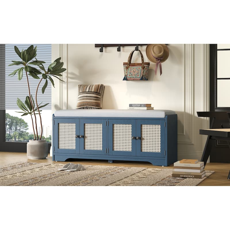 Rustic Entryway Shoe Bench with Removable Cushion - Antique Navy,Beige