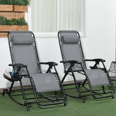 2 Pieces Outdoor Rocking Chairs, Foldable Reclining Zero Gravity Lounge Rocker with Pillow, Cup & Phone Holder,