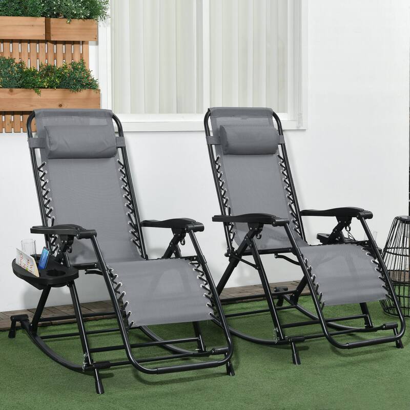 2 Pieces Outdoor Rocking Chairs, Foldable Reclining Zero Gravity Lounge Rocker with Pillow, Cup and Phone Holder