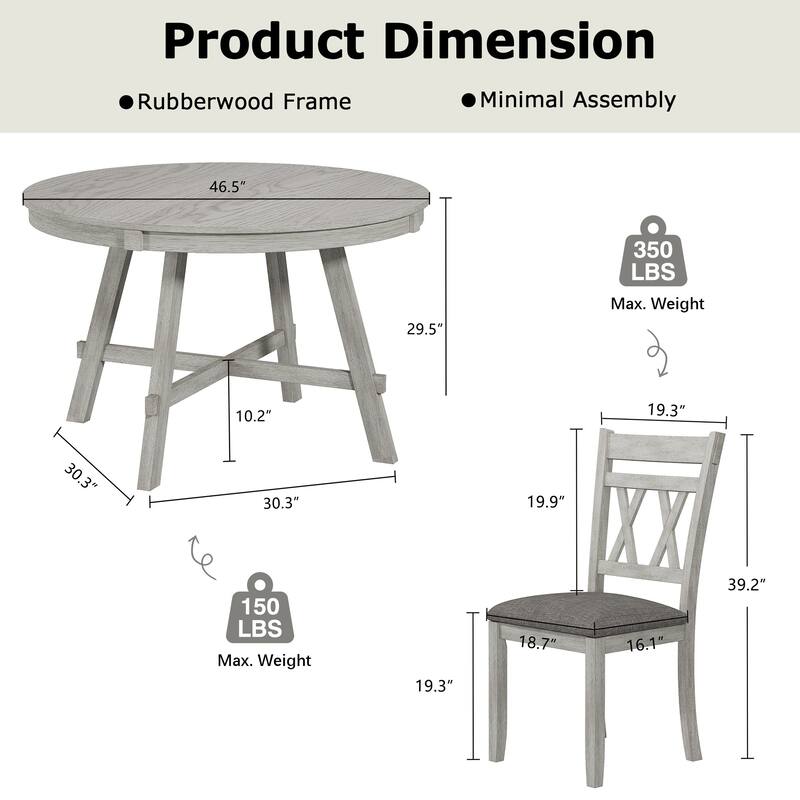 VECELO 3 / 5 / 7 Piece Farmhouse Dining Set, Round Dining Table Set, 47'' Solid Wood Modern Dining Set for Kitchen Room