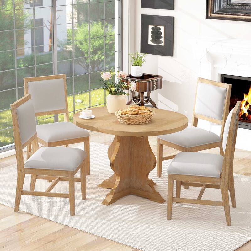 5-Piece Dining Table Set Extension from 42.5 to 58.2-Inches with 4 Upholstered Chairs, Wood Kitchen Dining Table & Chair Set
