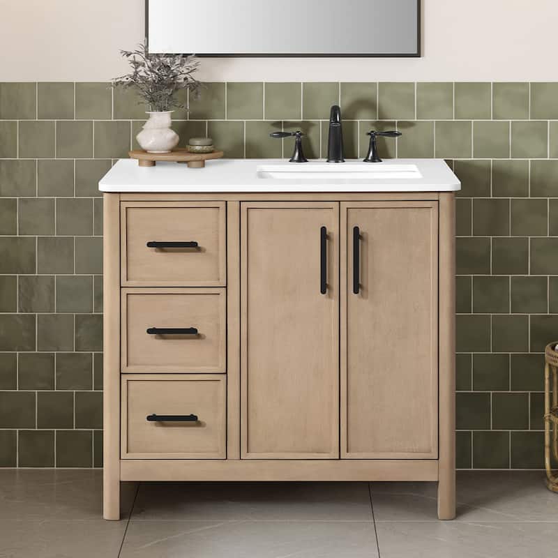 OVE Solas Bathroom Vanity with White Engineered Stone Top - 36" - Sahara Birch