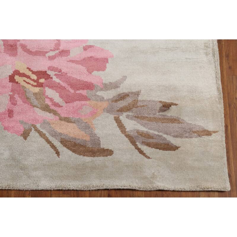 Handmade Flowers Wool & Silk Indian Area Rug - 6'3"x 9'0"