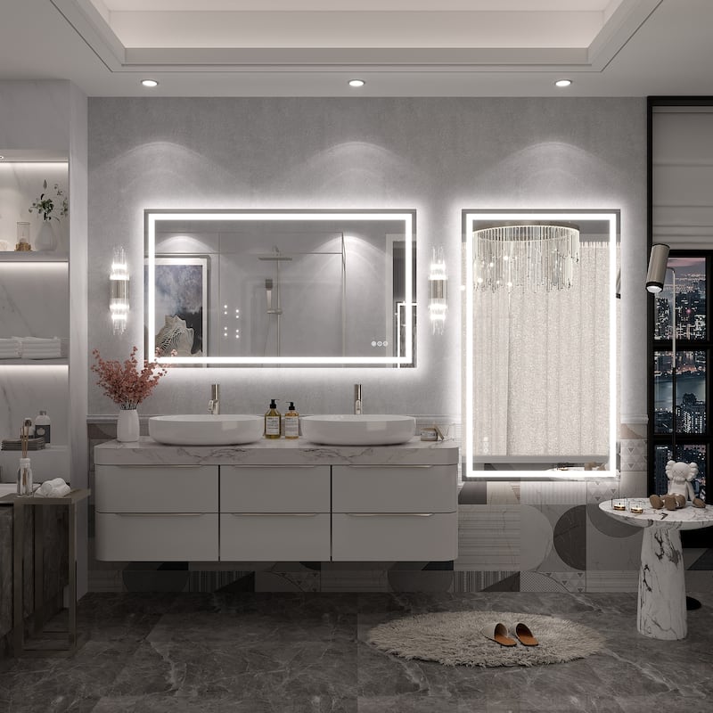 Large LED Bathroom mirror Tempered Glass Dimmable Anti-Fog Vanity Mirror