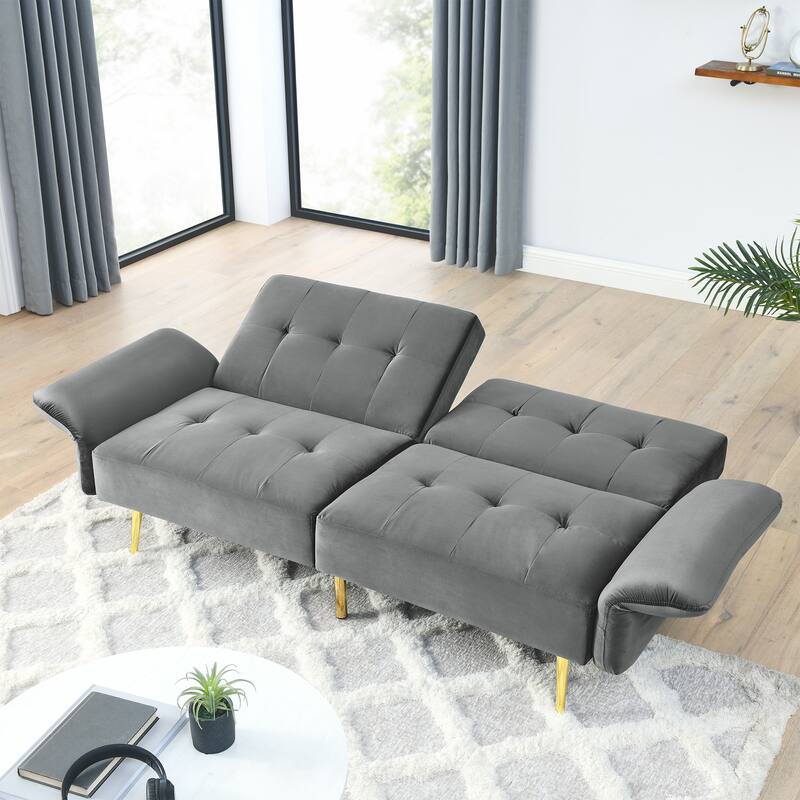 Velvet Futon Sofa Bed with Folded Armrests