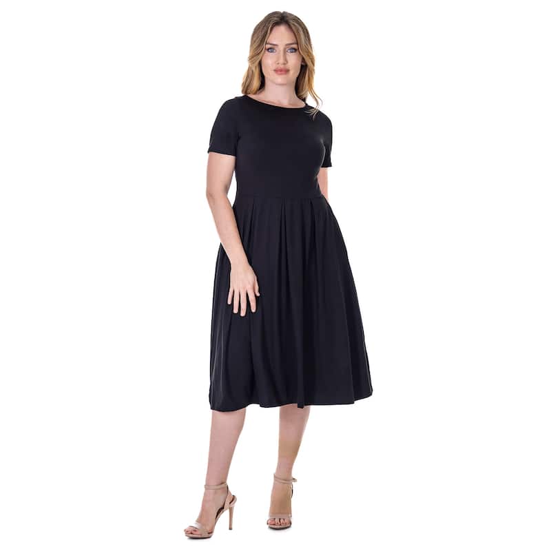 24seven Comfort Apparel Midi Dress with Short Sleeves and Pocket Detail - Black - S
