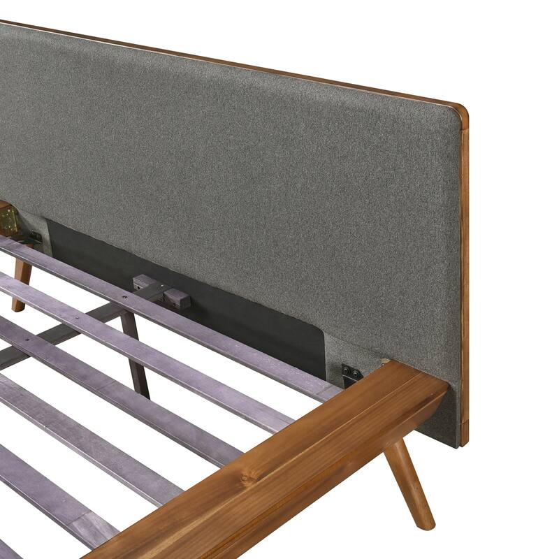 1pc Full Platform Bed Upholstered Headboard Dark Gray Chestnut Finish Wooden Furniture