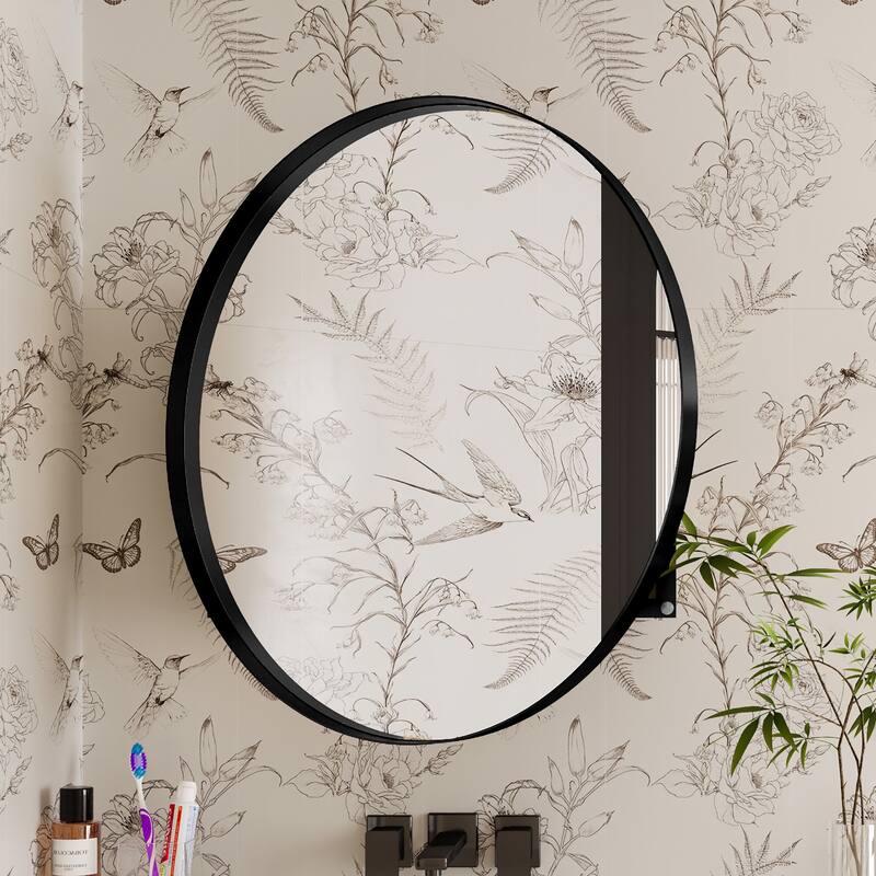 31.5 Inch Surface Mount Round Metal Framed Medicine Cabinet with Mirror and Adjustable Shelves Black Wall Mirror with Storage