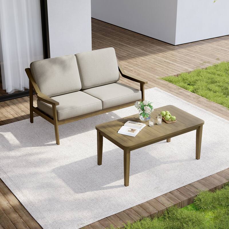 Outdoor Wood Teak Cushioned Patio 2 Seater Loveseat with Coffee Table