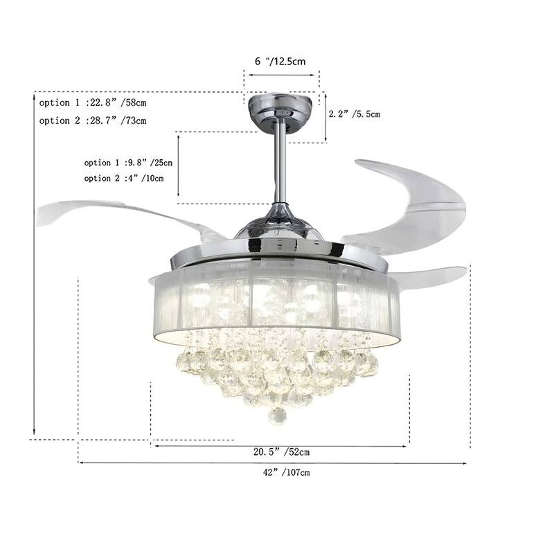 42 - Inch Retractable Blades LED Ceiling Fan, Crystal Ring Shade Comes with Remote