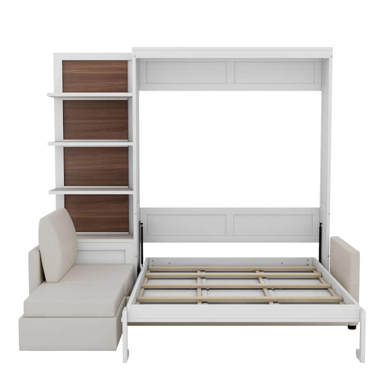 Convertible Queen Murphy Wall Bed with Sectional Sofa & 4-Tier Bookcase by Harper&Bright Designs