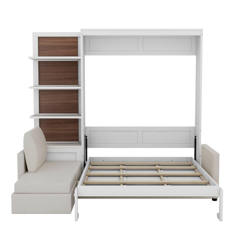 Hidden Wood Wall Cabinet Bed with Sofa, Queen Size Murphy Bed with Couch, Open Side Storage Shelves and Dual-Piston Lift