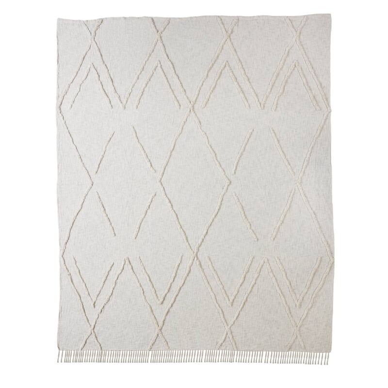 Ivory Geometric King Cotton Coverlet With Fringe
