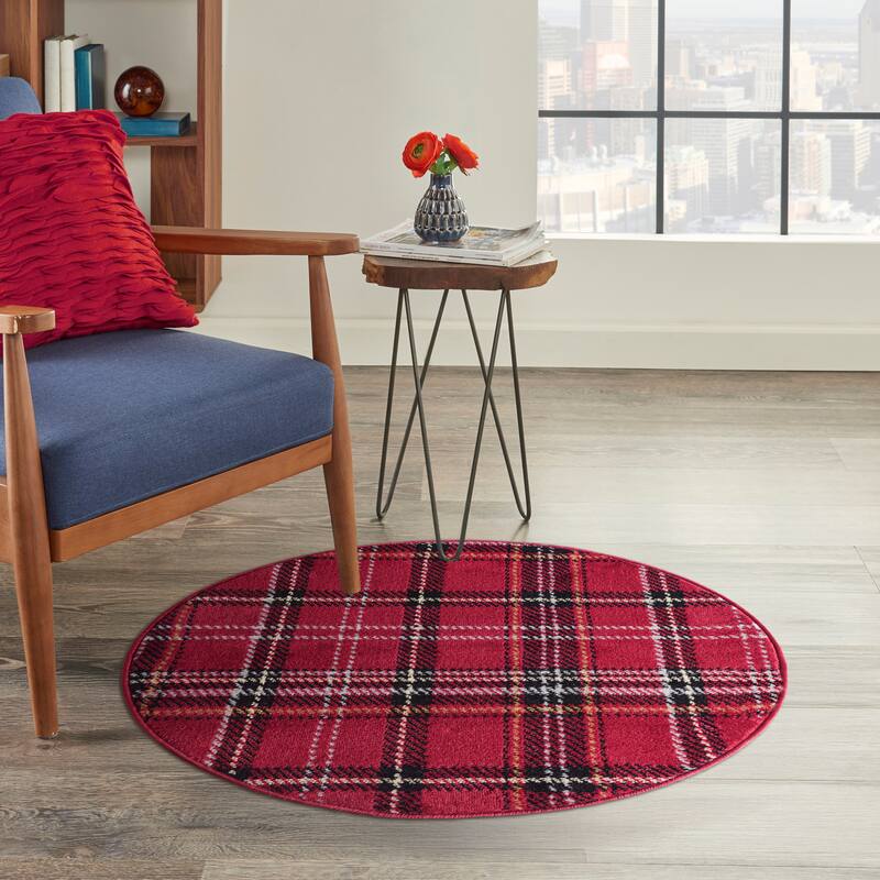 Nourison Grafix Plaid Farmhouse Area Rug - 3' x Round - Red