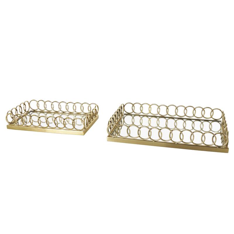 Gold Stainless Steel Metal Mirrored Geometric Living Room Decor Tray with Wire Rod Frame and Mirrored Glass Interior (Set of 2)
