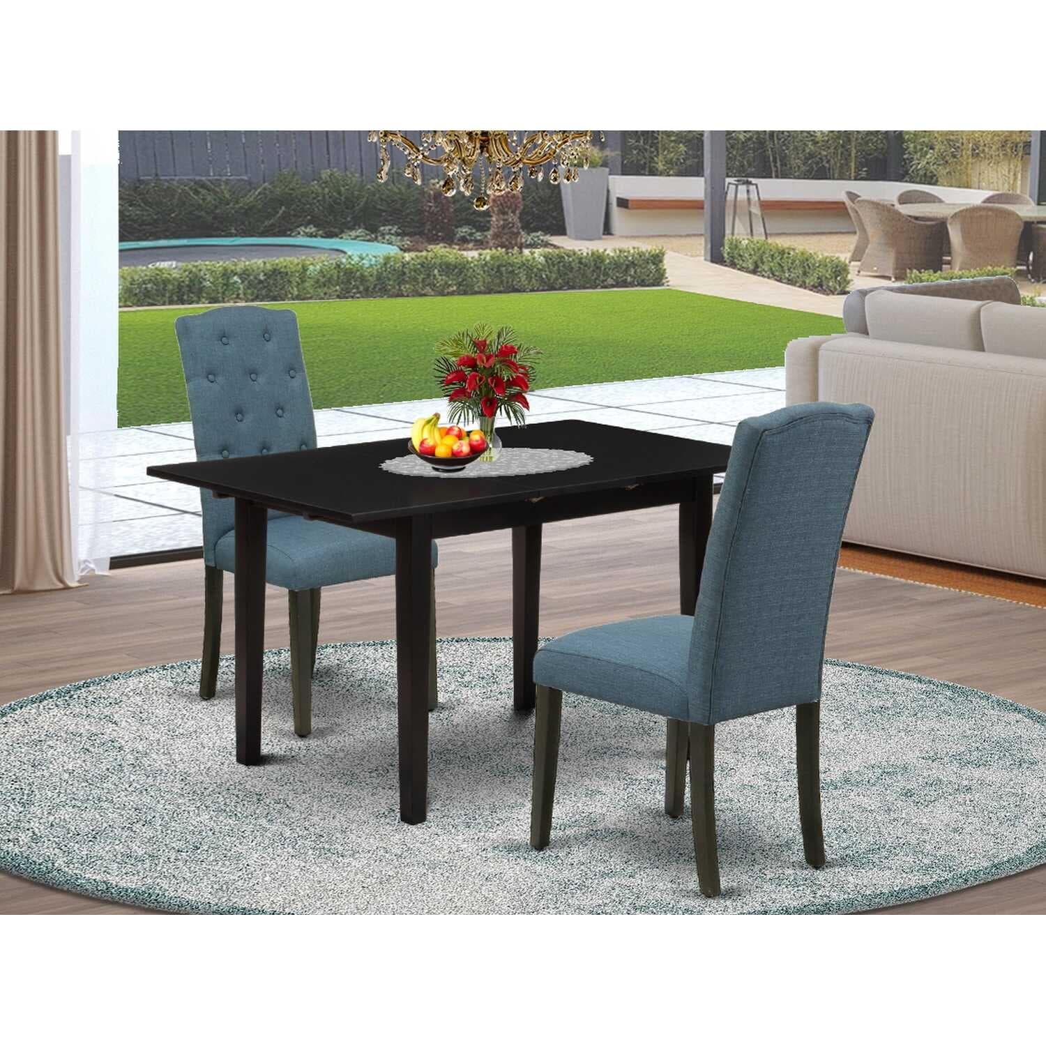HomeStock 3-Piece Black Finish Rectangular Solid Wood Top With Butterfly Leaf Dining Table Set