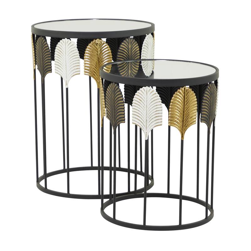 Metal Leaf Accent Table with Mirrored Glass Top - Set of 2 Black - Roche River Decor