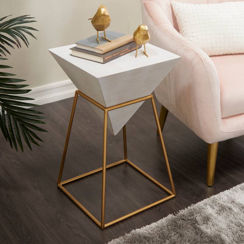 Minimalist Wood Inverted Pyramid Geometric Accent Table with Metal Stand - White or Black - White-Gold - 14"W, 24"H
