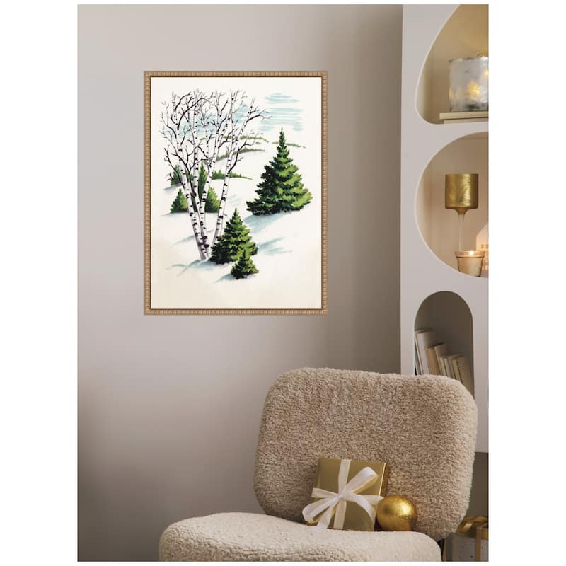 Kate and Laurel Sylvie Beaded Christmas Snowy Winter Fir Trees and Birch Trees Framed Canvas by Corinna Buchholz of Piddix