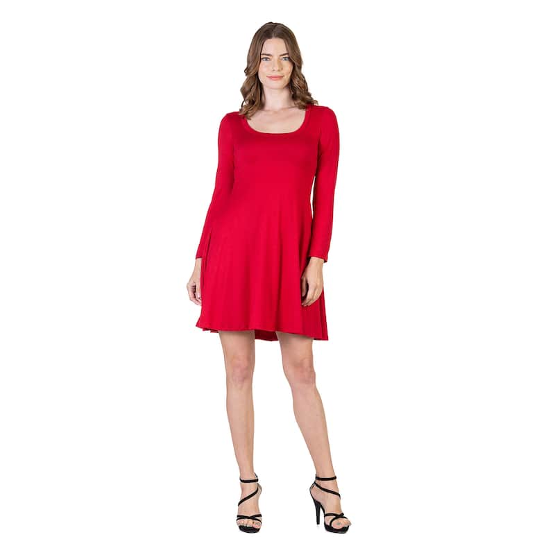 24seven Comfort Apparel Classic Long Sleeve Flared Mini Dress - Red - 1X