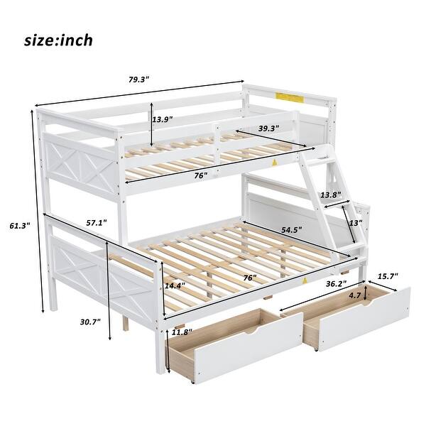White Twin over Full Size Pine Wood Bunk Bed with Ladder, Two Storage Drawers, Safety Guardrail