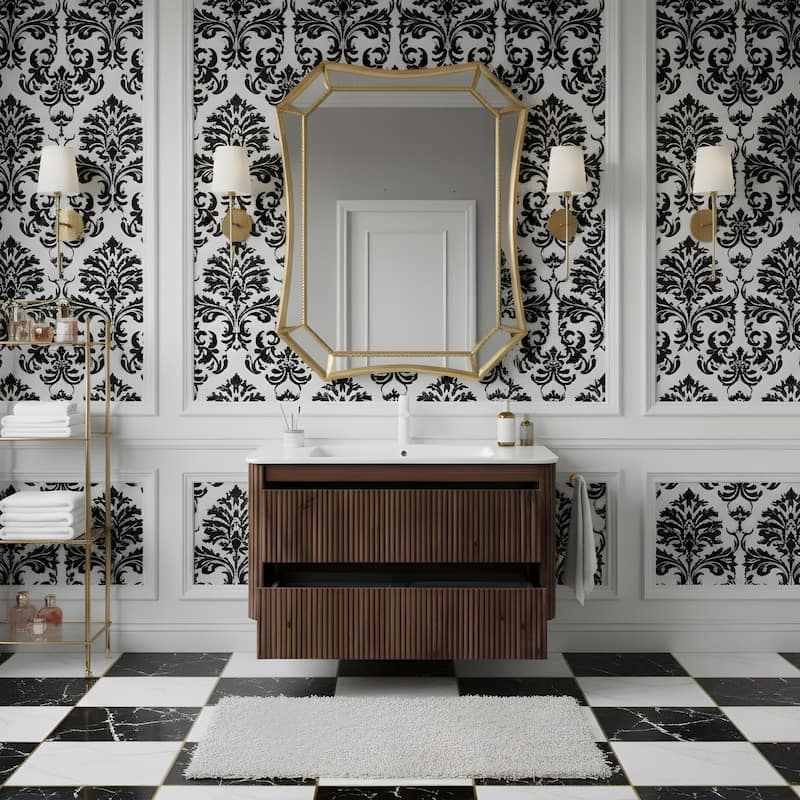 Floating Stripe Bathroom Vanity with Ceramic Sink