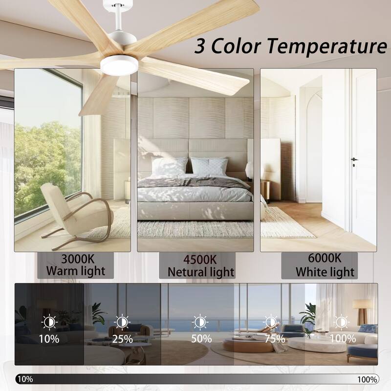 60-Inch Ceiling Fan with Light, 5 Solid Wood Blades, Downrod Mount for Sloped Ceiling ≤15°, Quiet Reversible DC Motor