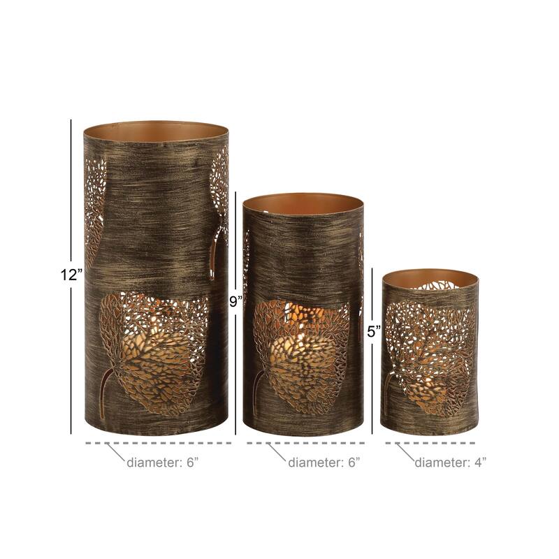 Brown or Gold Copper Metal Leaf Decorative Candle Lantern (Set of 3) - S/3 12", 9", 5"H