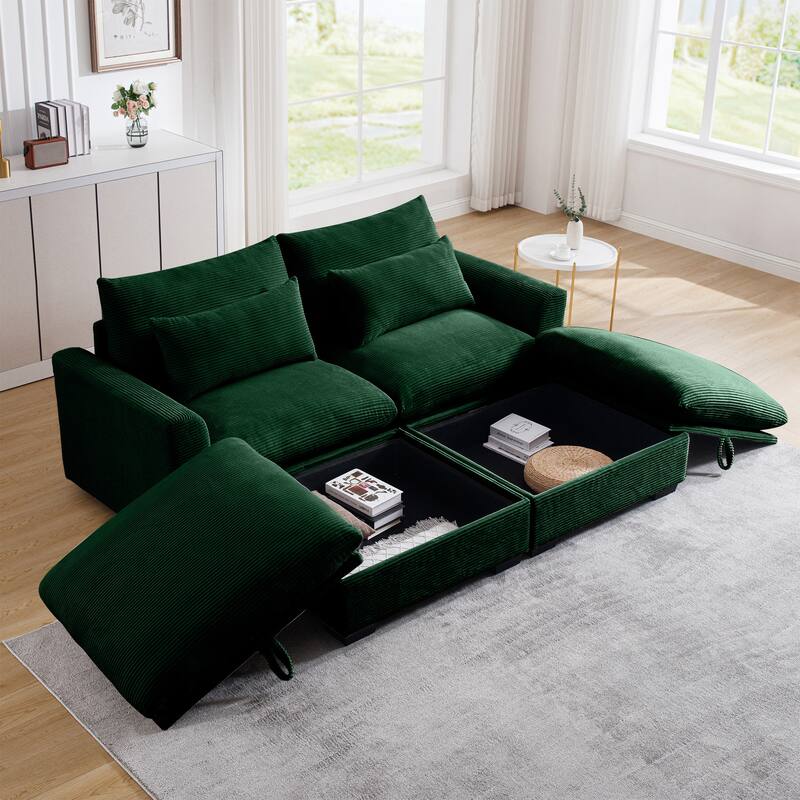 Corduroy Loveseat Sofa Couch with Storage Ottomans, Modern Sectional 2 Seater Sofa with Deep Seat, Pillows for Small Spaces - Green