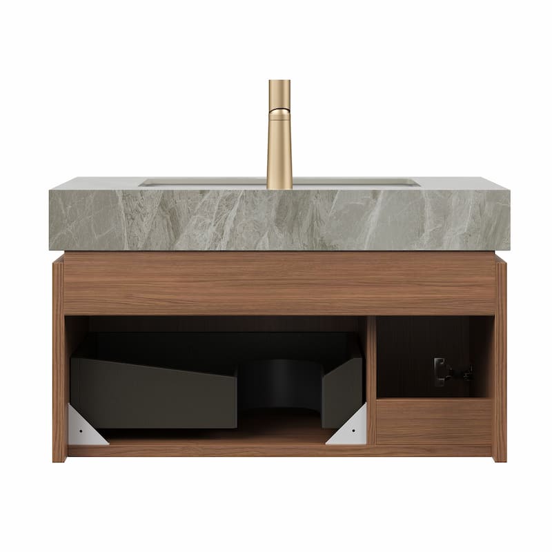 GDFStudio - Muri Modern 30" Floating Bathroom Vanity, Light Gray Sintered Stone Countertop with Ceramic Basin, WITHOUT Faucet