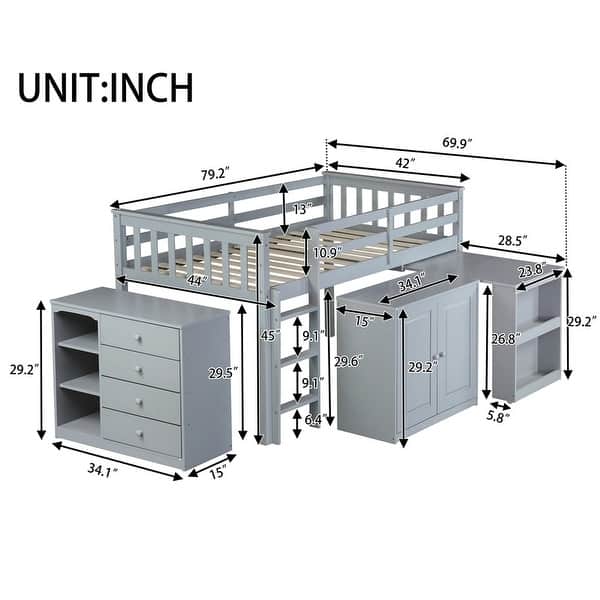 dimension image slide 1 of 2, Twin Loft Bed with Storage Cabinet, Drawer and Shelf Cabinet and y Pulling-Out Desk