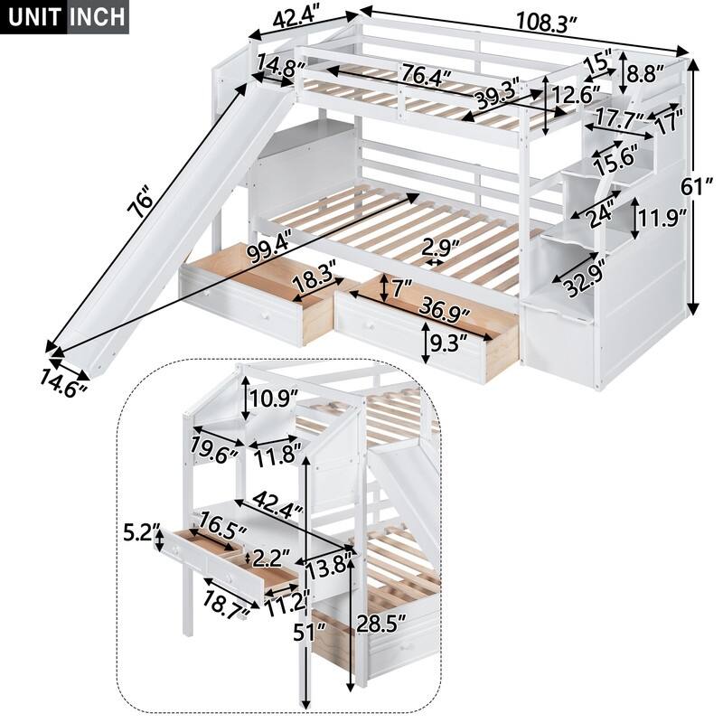 Twin over Twin Bunk Bed with Storage Staircase, Slide and Drawers, Desk