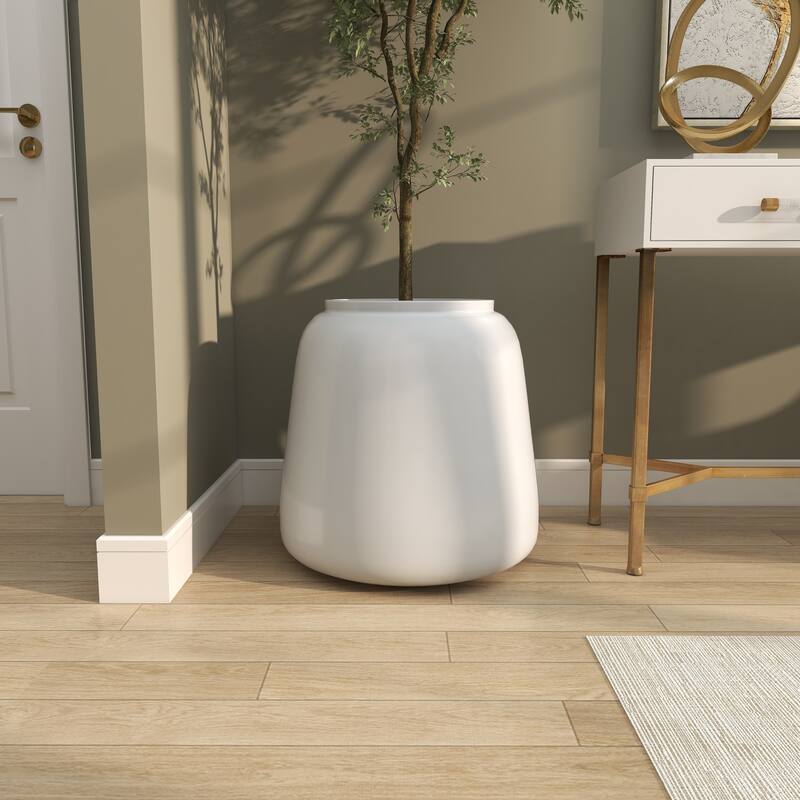 White Resin Short Wide Round Floor Decorative Vase