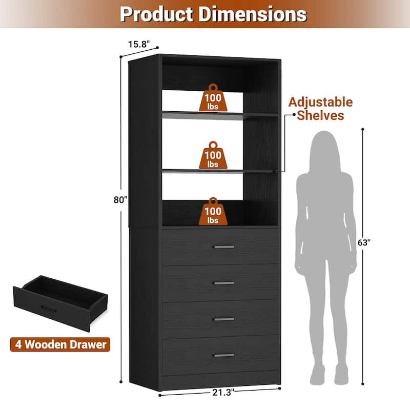 Freestanding Closet Organizer with 4 Drawers and 4 Shelves, Wooden Closet System for Walk-in Closet