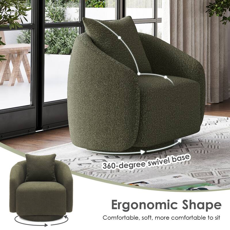 Swivel Accent Chair, Barrel Armchair with Back Pillow & Wood Frame for Living Room, Bedroom, Office