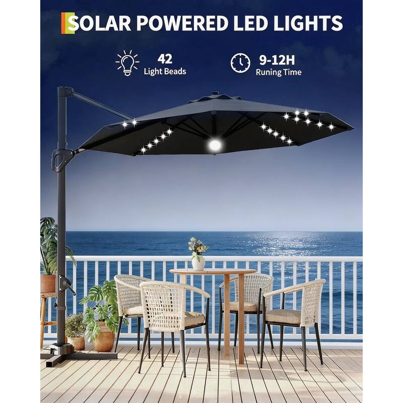 10FT Outdoor Cantilever Umbrella, 360-Degree Rotation, with LED