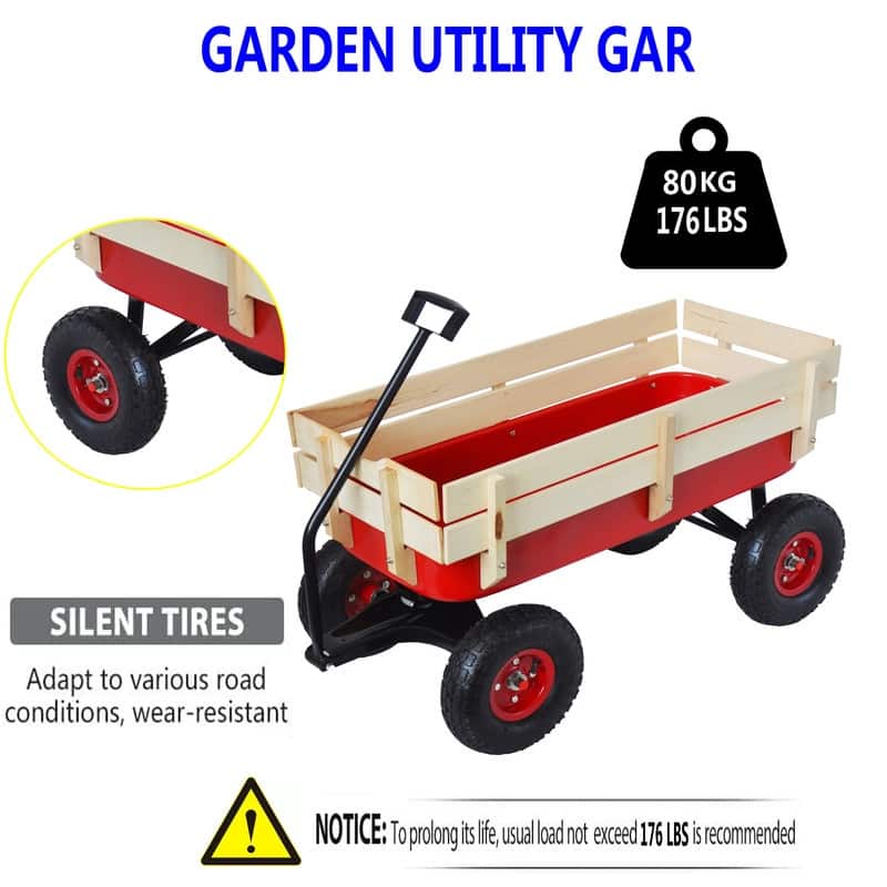 Outdoor Wagon All Terrain Pulling w/Wood Railing Air Tires Children Kid Garden