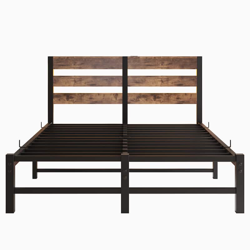 Full Size Metal Platform Bed with Wood Headboard, RGB Lights, Charger