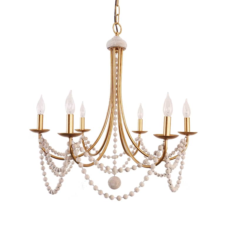 Oaks Aura Mid-Century 6-Light Wood Ceiling Light, Swing Arms French Country Boho Wood Beaded Chandelier