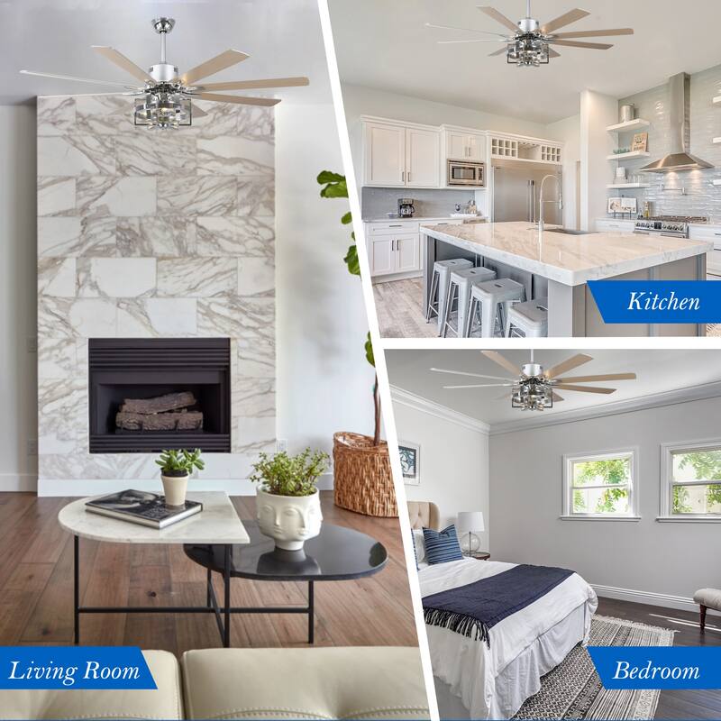 65" Large Wood Blade Ceiling Fan, 8 Blades and 3 Lights, Quiet DC Motor with Remote for Living Room