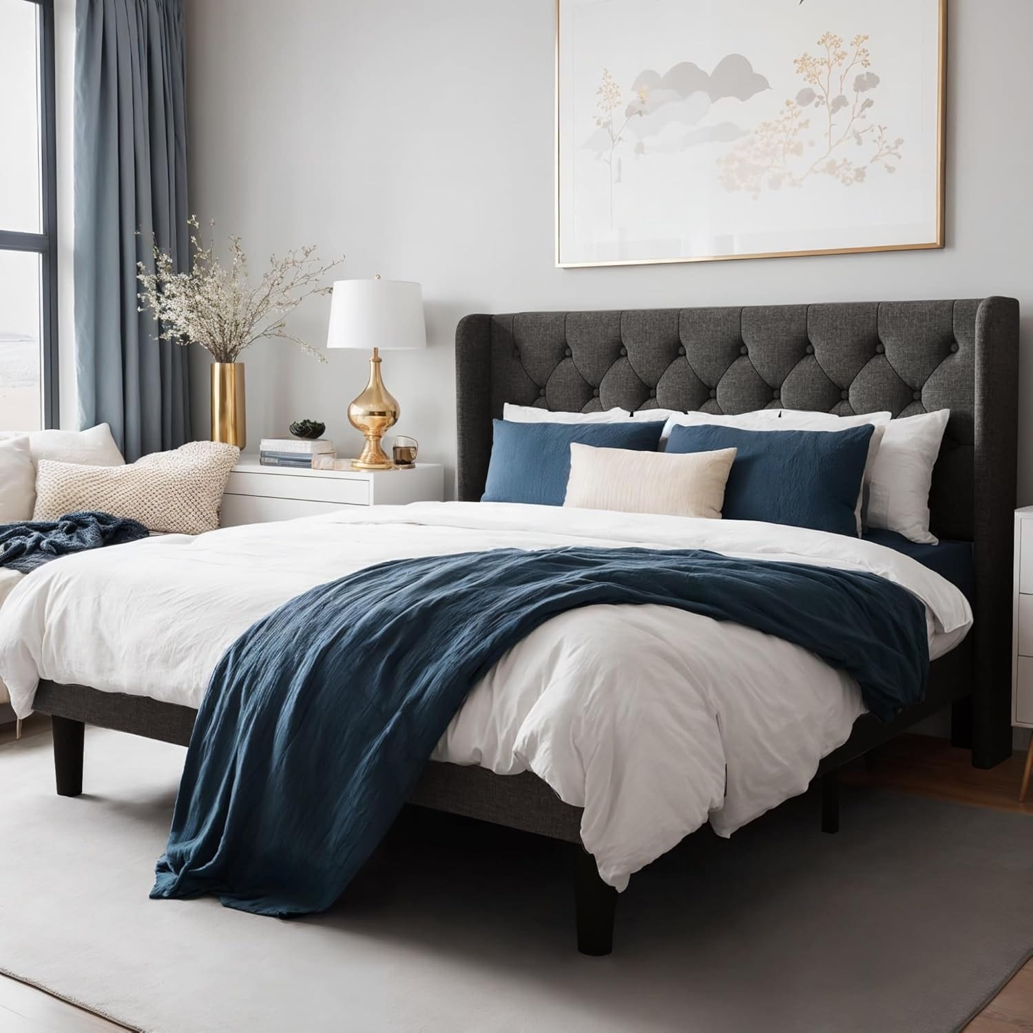 Modern Upholstered Bed Frame with Tufted Wingback Headboard, Wooden Slats Support, Dark Gray