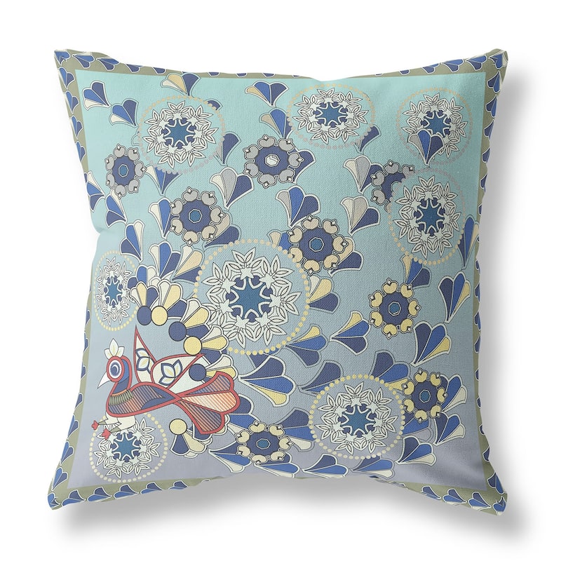 HomeRoots 20" x 20" Aqua Peacock Blown Seam Floral Indoor Outdoor Throw Pillow - 20.00' X '5.00' X '20.00